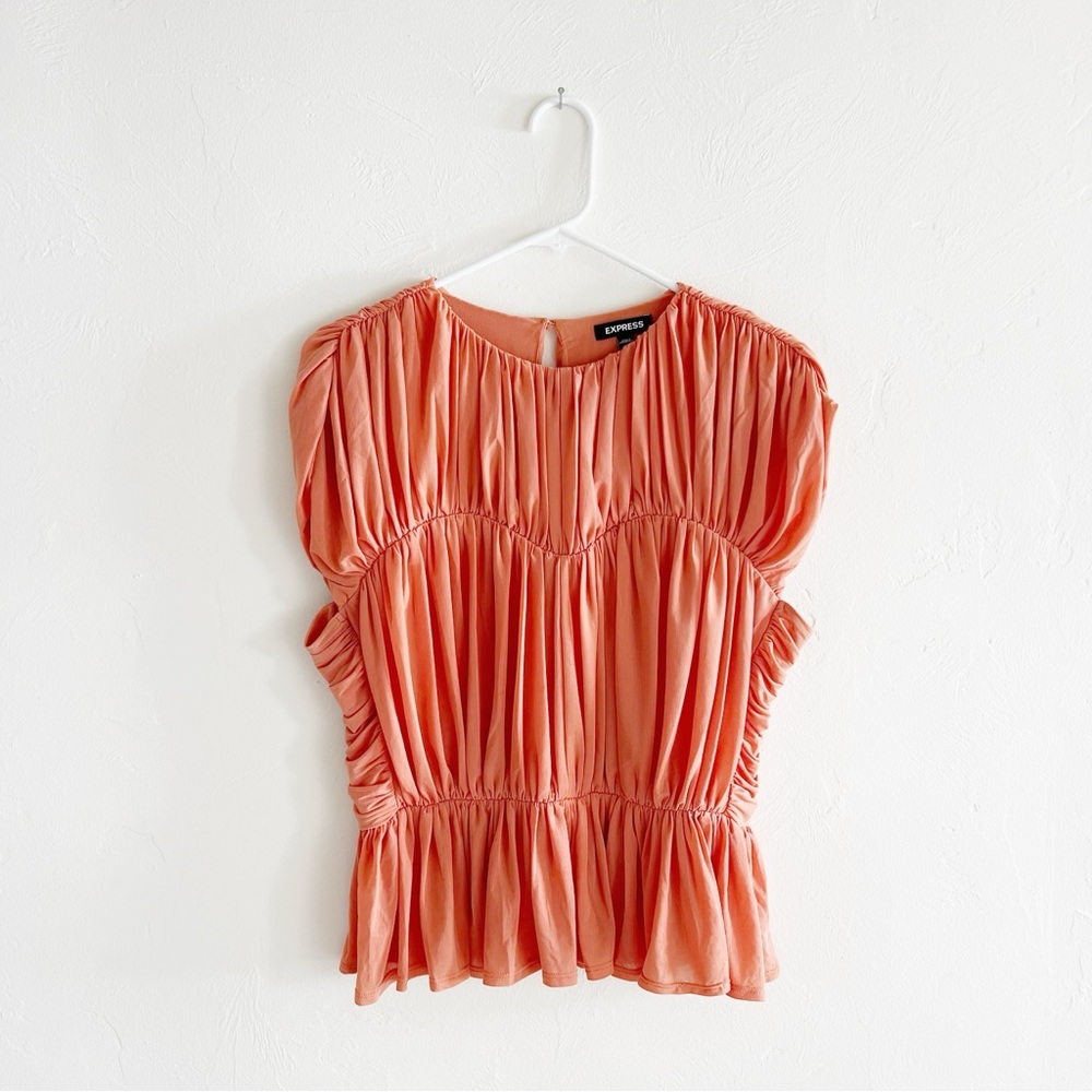 Express Gathered Sweetheart Blouse Orange Cap Sleeve Peplum Shirt Top Rare L
